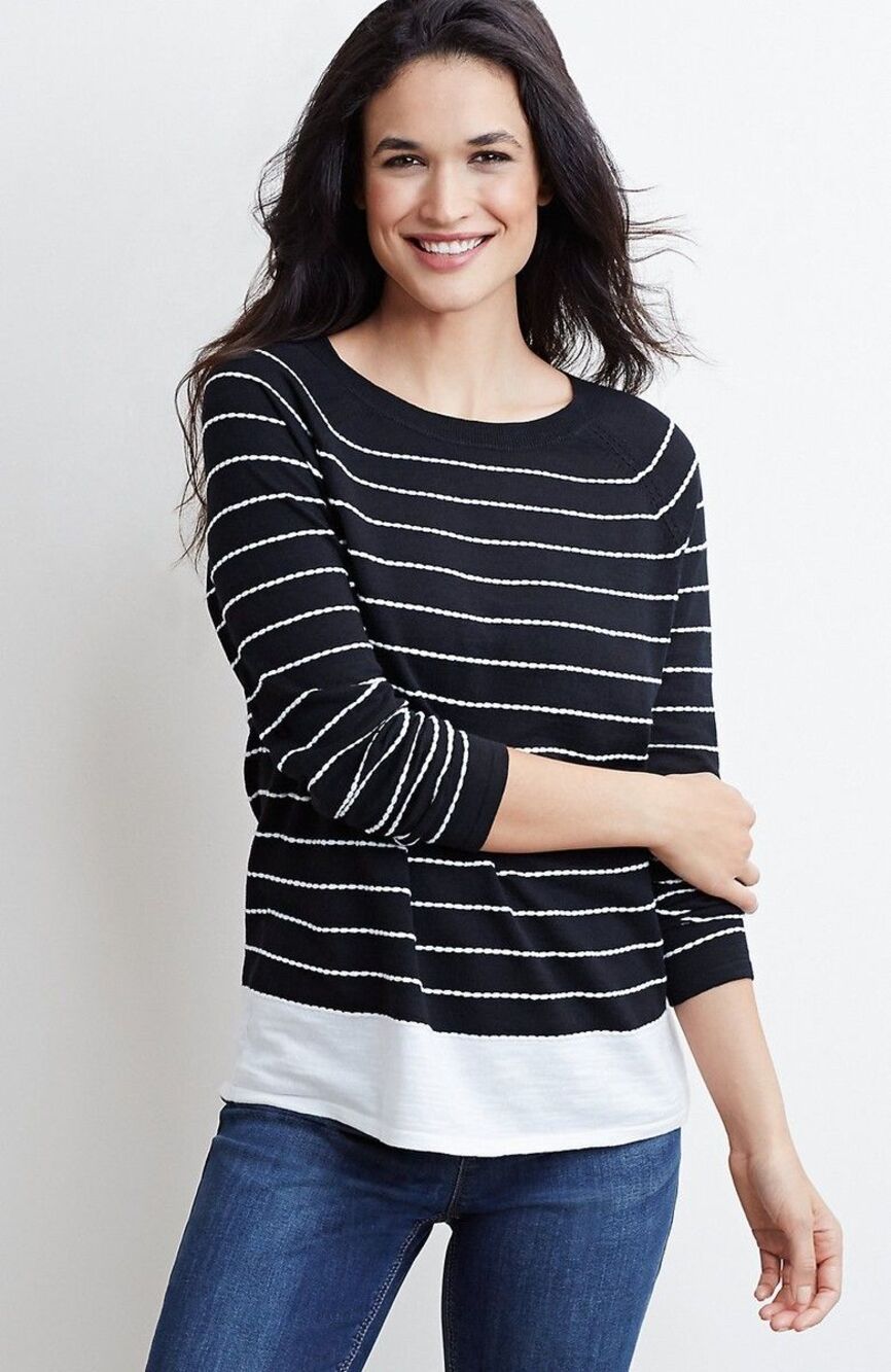 J. Jill Textured Striped Pullover Sweater Black White Knit Colorblock Top Large